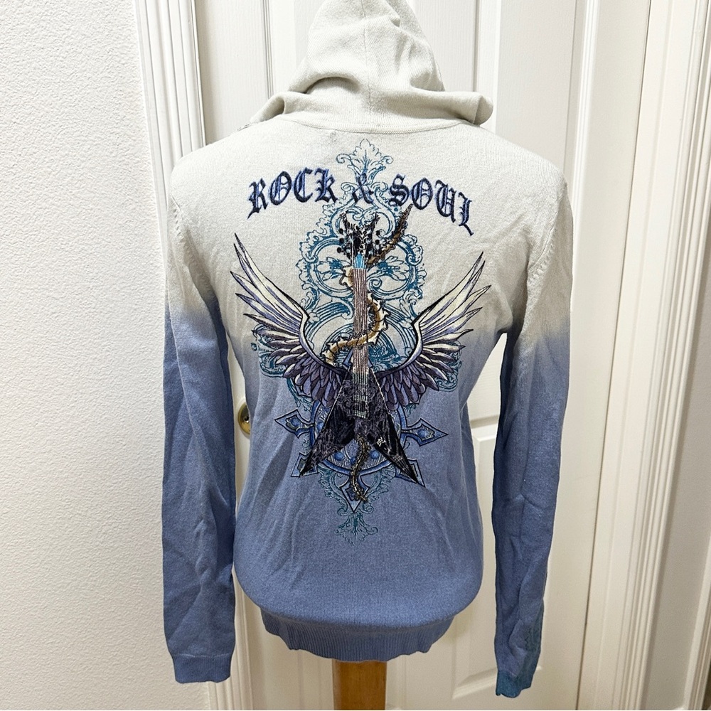 Raw 7 “Rock Soul” Blue/Cream Gradient Cashmere Full-Zip Hoodie Sweater- XL Girls